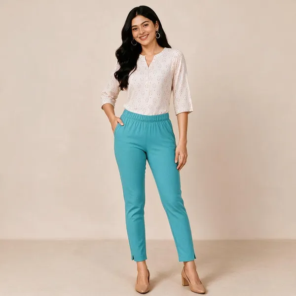 Turquoise_Cotton_Lycra_Relaxed_Fit_Kurti_Pant_For_Women