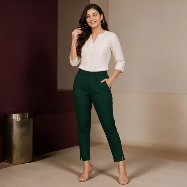 Bottle_Green_Cotton_Lycra_Relaxed_Fit_Kurti_Pant_For_Women