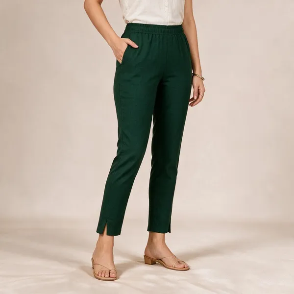 Bottle_Green_Cotton_Lycra_Relaxed_Fit_Kurti_Pant_For_Women