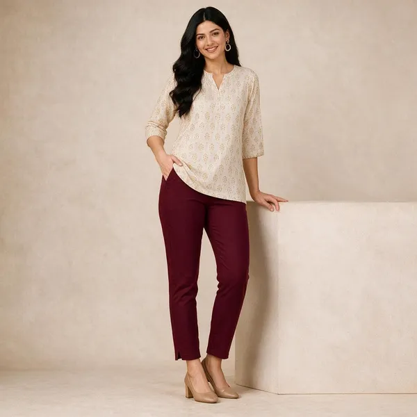 Maroon_Cotton_Lycra_Relaxed_Fit_Kurti_Pant_For_Women
