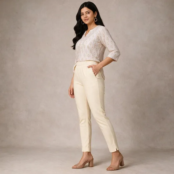 Cream_Cotton_Lycra_Relaxed_Fit_Kurti_Pant_For_Women