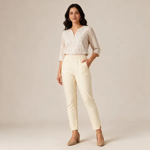 Cream_Cotton_Lycra_Relaxed_Fit_Kurti_Pant_For_Women