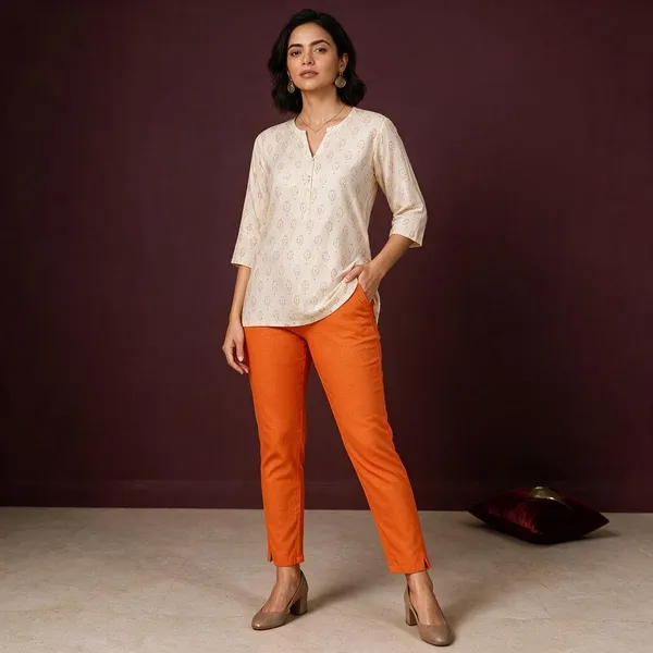 Orange_Cotton_Lycra_Relaxed_Fit_Kurti_Pant_For_Women