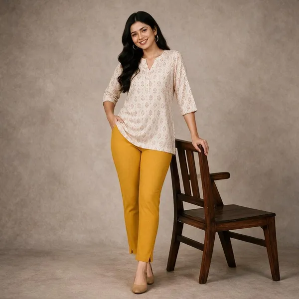 Mustard_Yellow_Cotton_Lycra_Relaxed_Fit_Kurti_Pant_For_Women