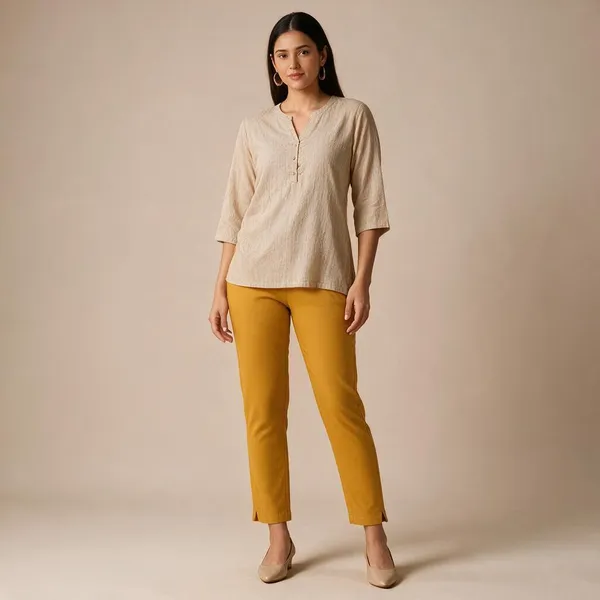 Mustard_Yellow_Cotton_Lycra_Relaxed_Fit_Kurti_Pant_For_Women