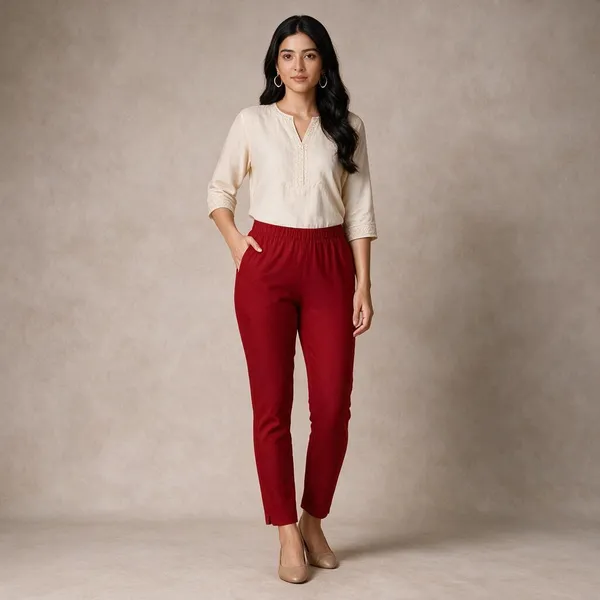 Red_Cotton_Lycra_Relaxed_Fit_Kurti_Pant_For_Women