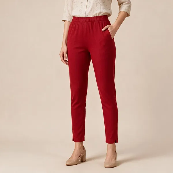 Red_Cotton_Lycra_Relaxed_Fit_Kurti_Pant_For_Women