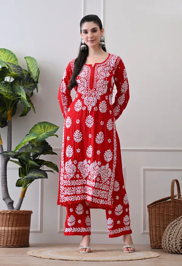 Hand_Embroidered_Chikankari_Modal_Plazo_Set_3d_Work-Red