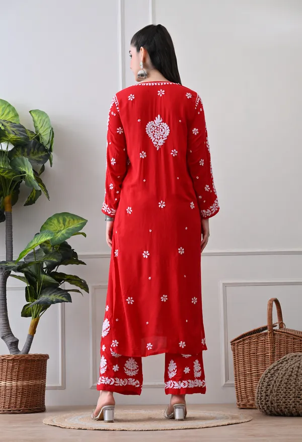 Hand_Embroidered_Chikankari_Modal_Plazo_Set_3d_Work-Red