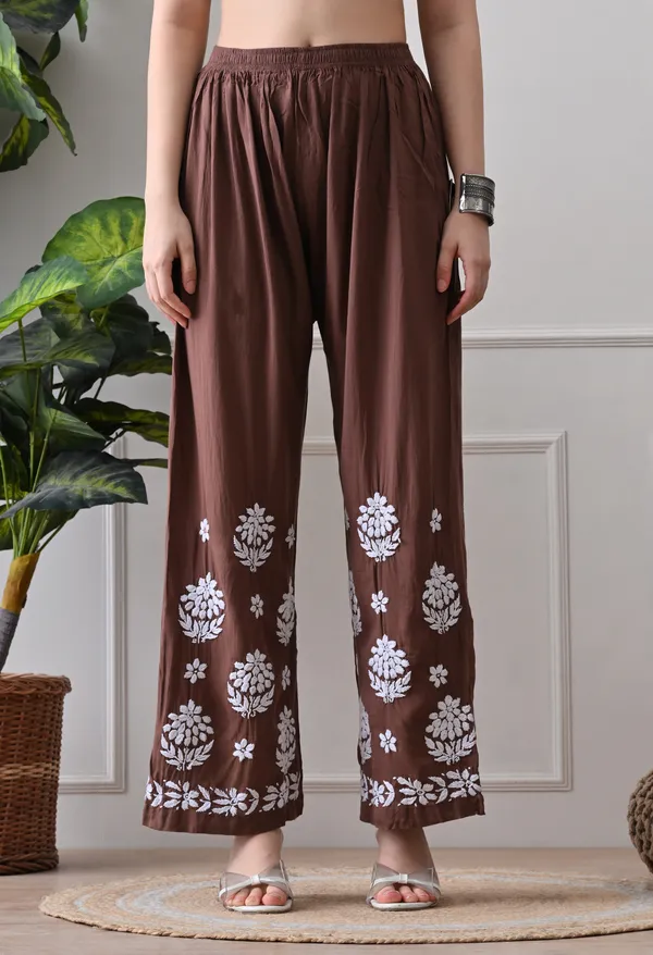 Hand_Embroidered_Chikankari_Modal_Plazo_Set_3d_Work-Brown