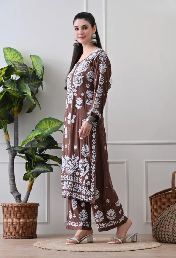 Hand_Embroidered_Chikankari_Modal_Plazo_Set_3d_Work-Brown