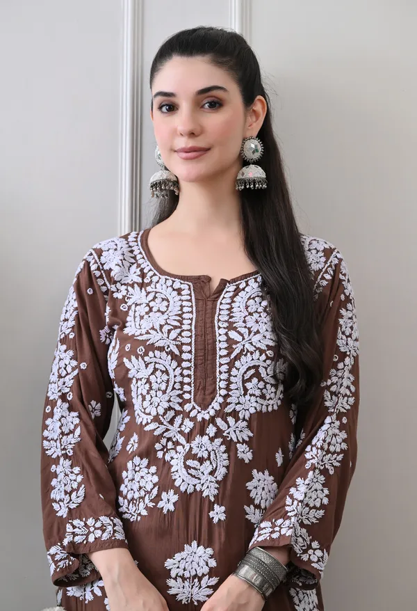 Hand_Embroidered_Chikankari_Modal_Plazo_Set_3d_Work-Brown