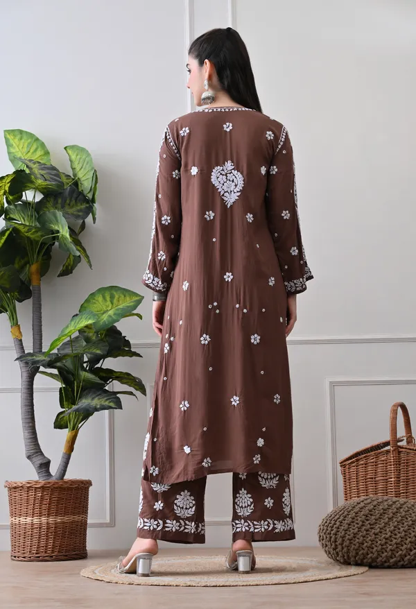 Hand_Embroidered_Chikankari_Modal_Plazo_Set_3d_Work-Brown