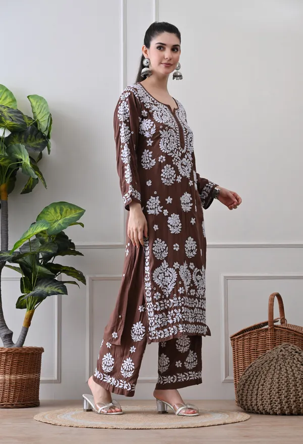 Hand_Embroidered_Chikankari_Modal_Plazo_Set_3d_Work-Brown