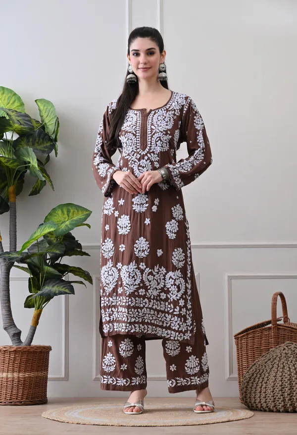Hand_Embroidered_Chikankari_Modal_Plazo_Set_3d_Work-Brown