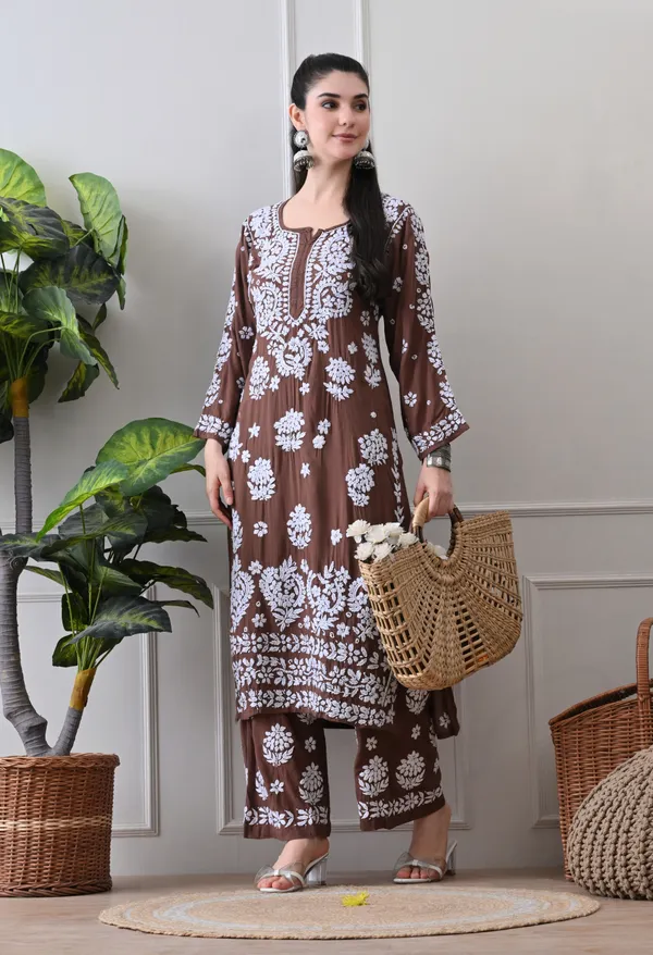 Hand_Embroidered_Chikankari_Modal_Plazo_Set_3d_Work-Brown