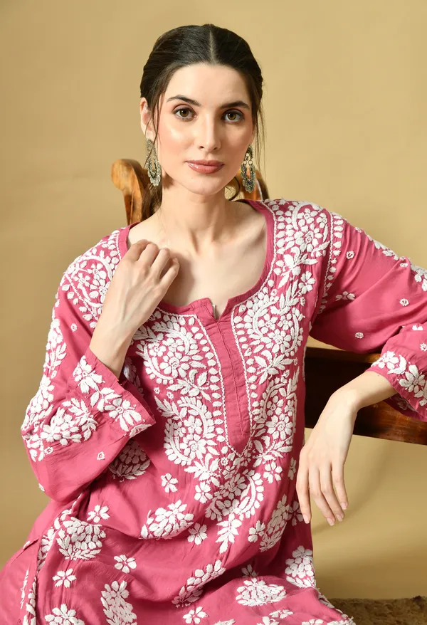 Hand_Embroidered_Chikankari_Modal_Plazo_Set_3d_Work-Onion_Pink