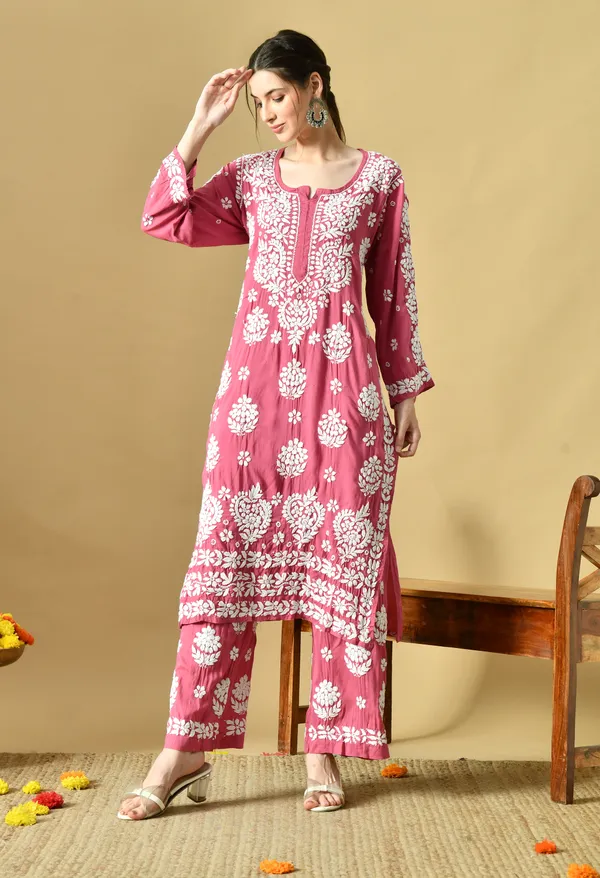 Hand_Embroidered_Chikankari_Modal_Plazo_Set_3d_Work-Onion_Pink