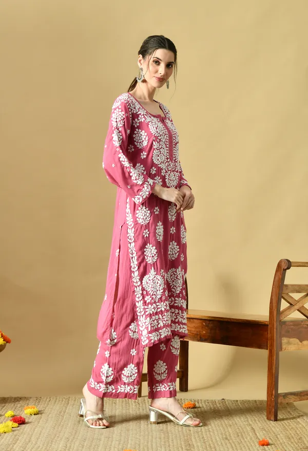 Hand_Embroidered_Chikankari_Modal_Plazo_Set_3d_Work-Onion_Pink