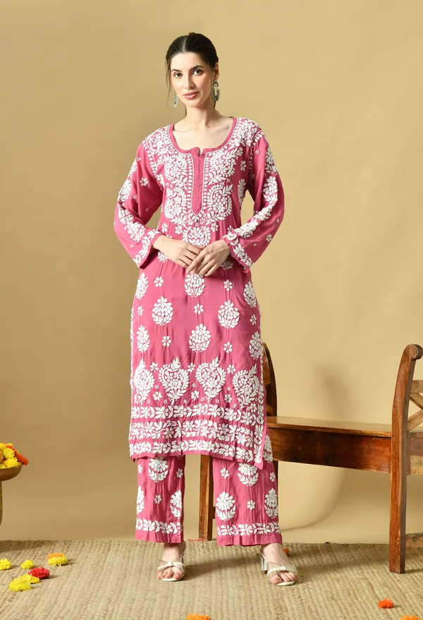 Hand_Embroidered_Chikankari_Modal_Plazo_Set_3d_Work-Onion_Pink