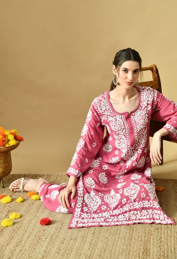 Hand_Embroidered_Chikankari_Modal_Plazo_Set_3d_Work-Onion_Pink