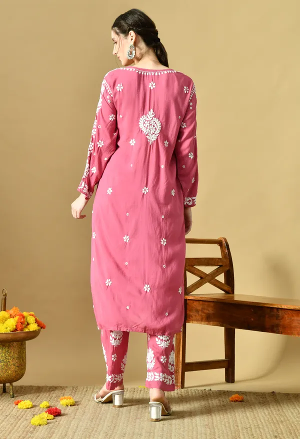 Hand_Embroidered_Chikankari_Modal_Plazo_Set_3d_Work-Onion_Pink