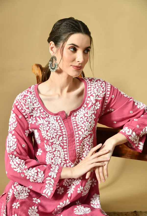 Hand_Embroidered_Chikankari_Modal_Plazo_Set_3d_Work-Onion_Pink