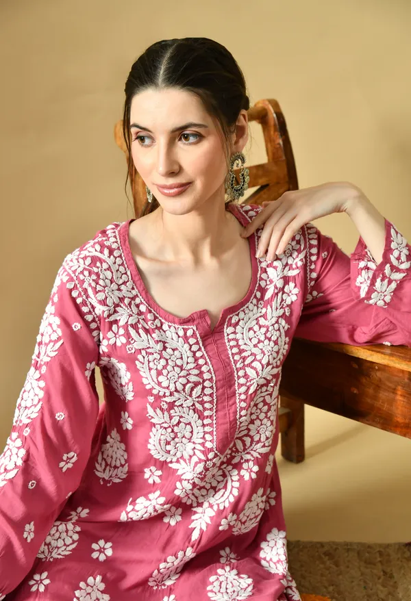 Hand_Embroidered_Chikankari_Modal_Plazo_Set_3d_Work-Onion_Pink