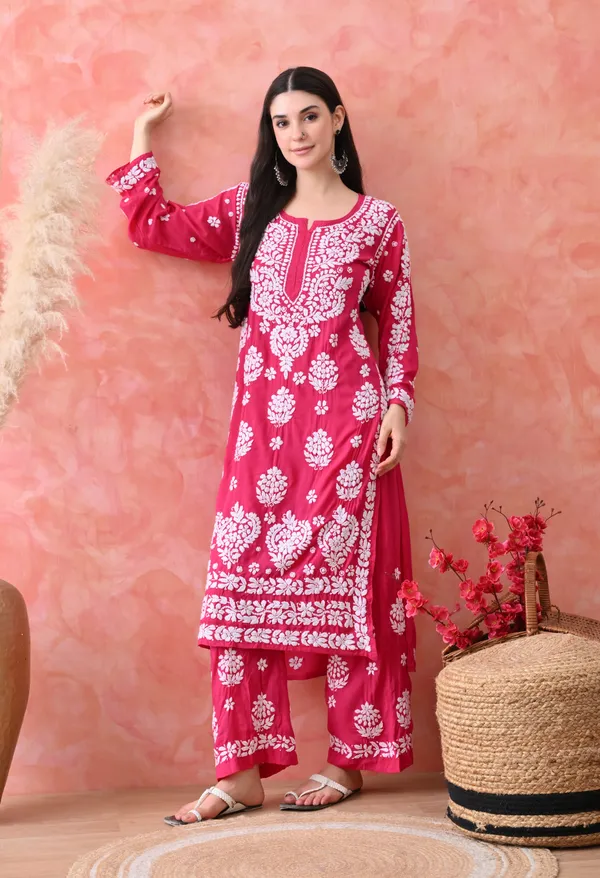 Hand_Embroidered_Chikankari_Modal_Plazo_Set_3d_Work-Rani_Pink