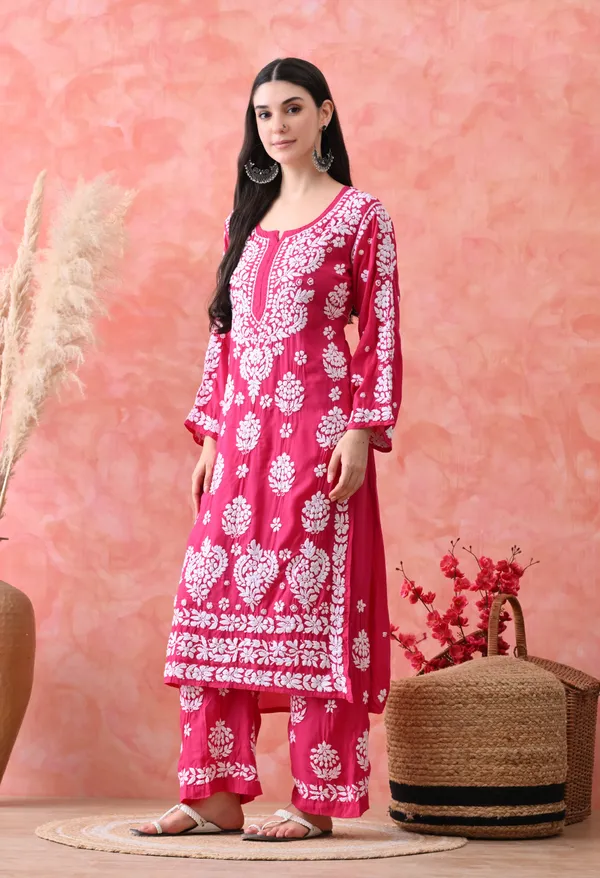 Hand_Embroidered_Chikankari_Modal_Plazo_Set_3d_Work-Rani_Pink