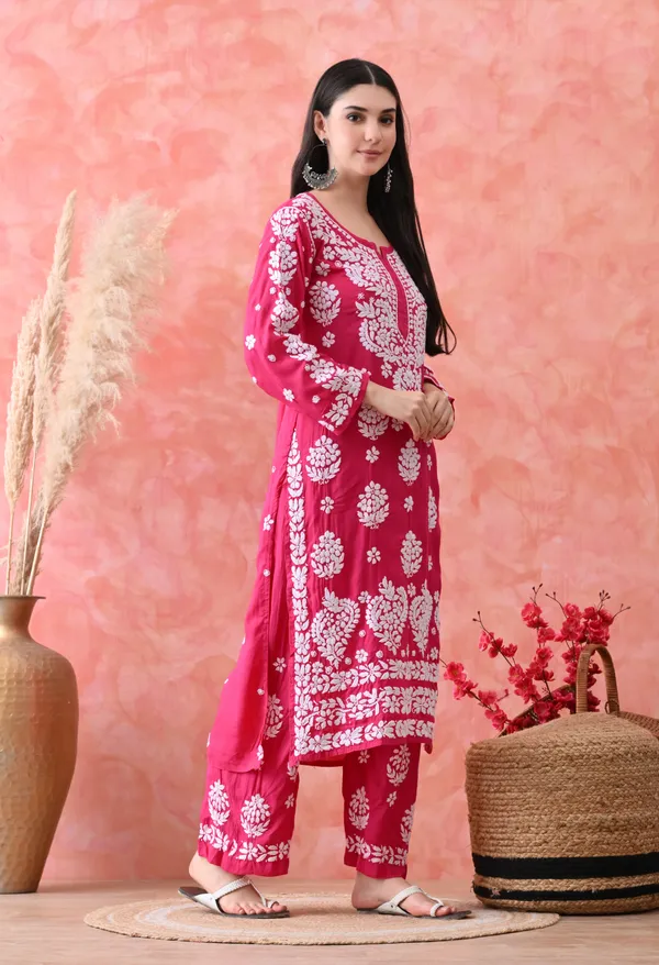 Hand_Embroidered_Chikankari_Modal_Plazo_Set_3d_Work-Rani_Pink