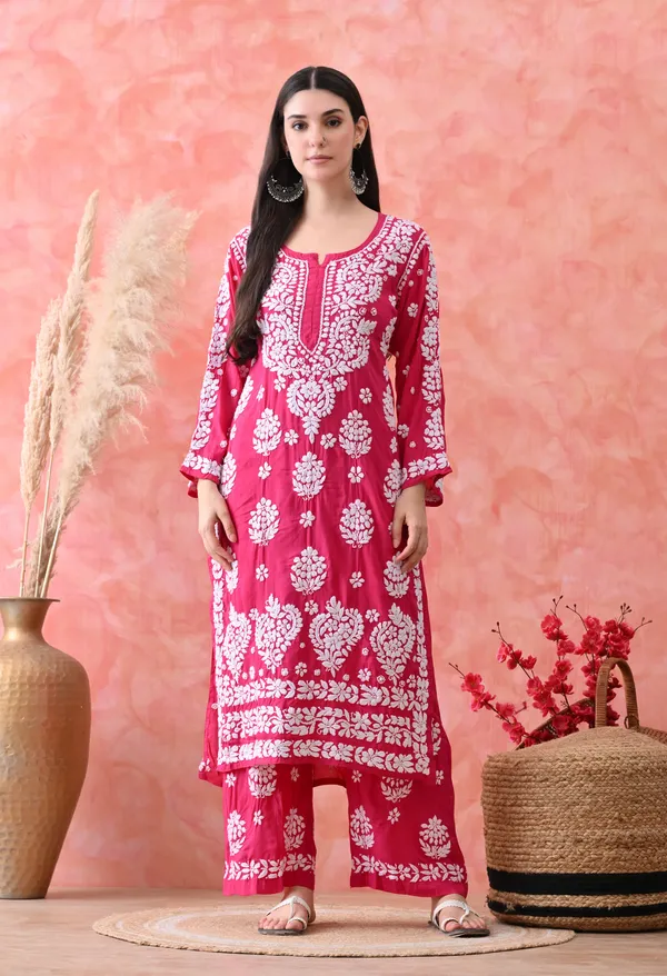 Hand_Embroidered_Chikankari_Modal_Plazo_Set_3d_Work-Rani_Pink