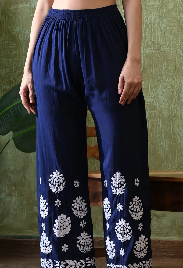 Hand_Embroidered_Chikankari_Modal_Plazo_Set_3d_Work-Navy_Blue