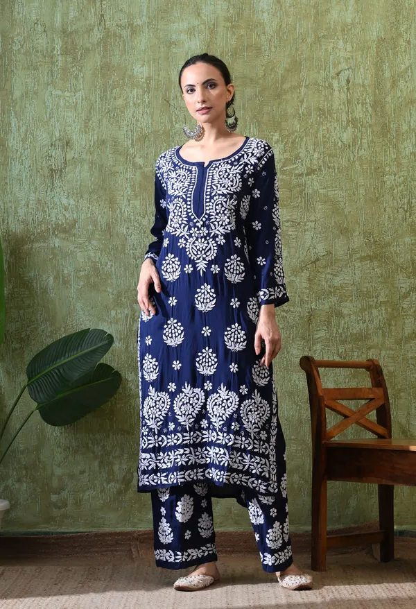 Hand_Embroidered_Chikankari_Modal_Plazo_Set_3d_Work-Navy_Blue