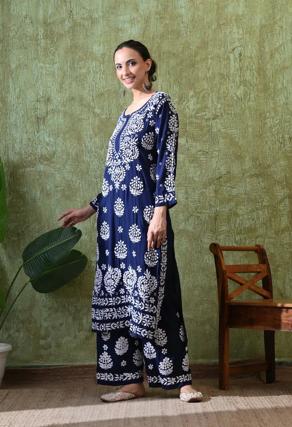 Hand_Embroidered_Chikankari_Modal_Plazo_Set_3d_Work-Navy_Blue