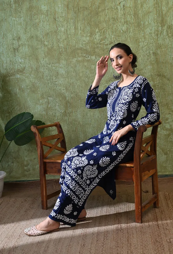 Hand_Embroidered_Chikankari_Modal_Plazo_Set_3d_Work-Navy_Blue
