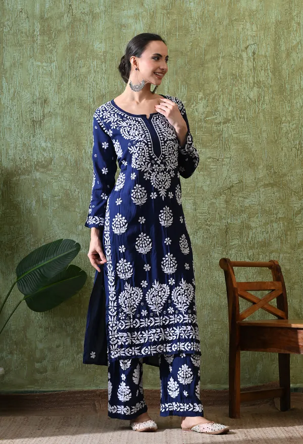 Hand_Embroidered_Chikankari_Modal_Plazo_Set_3d_Work-Navy_Blue