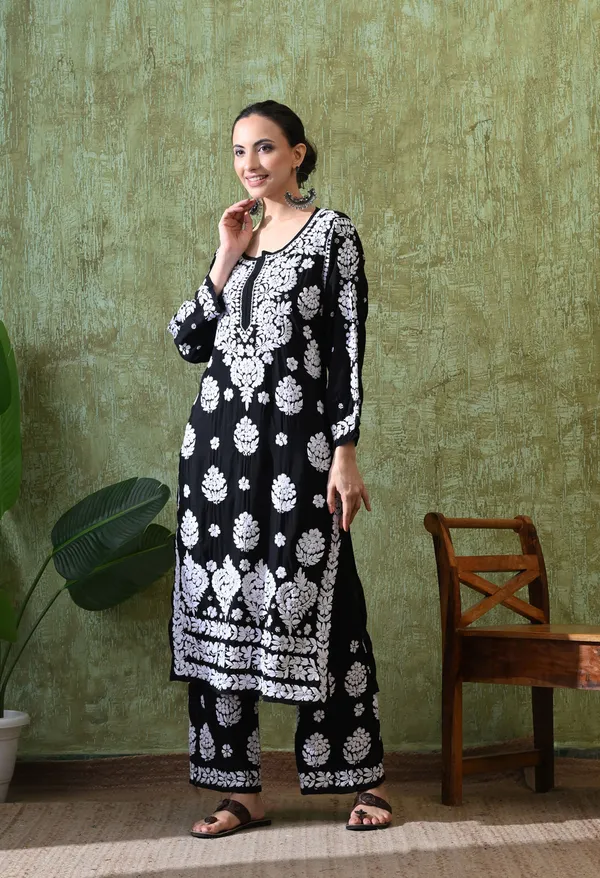 Hand_Embroidered_Chikankari_Modal_Plazo_Set_3d_Work-Black