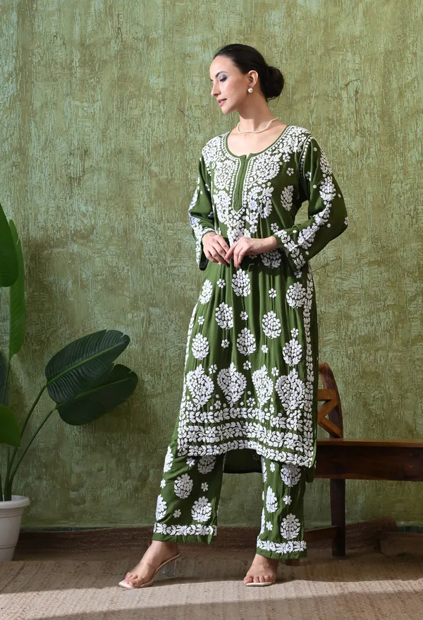 Hand_Embroidered_Chikankari_Modal_Plazo_Set_3d_Work-Mendi_Green