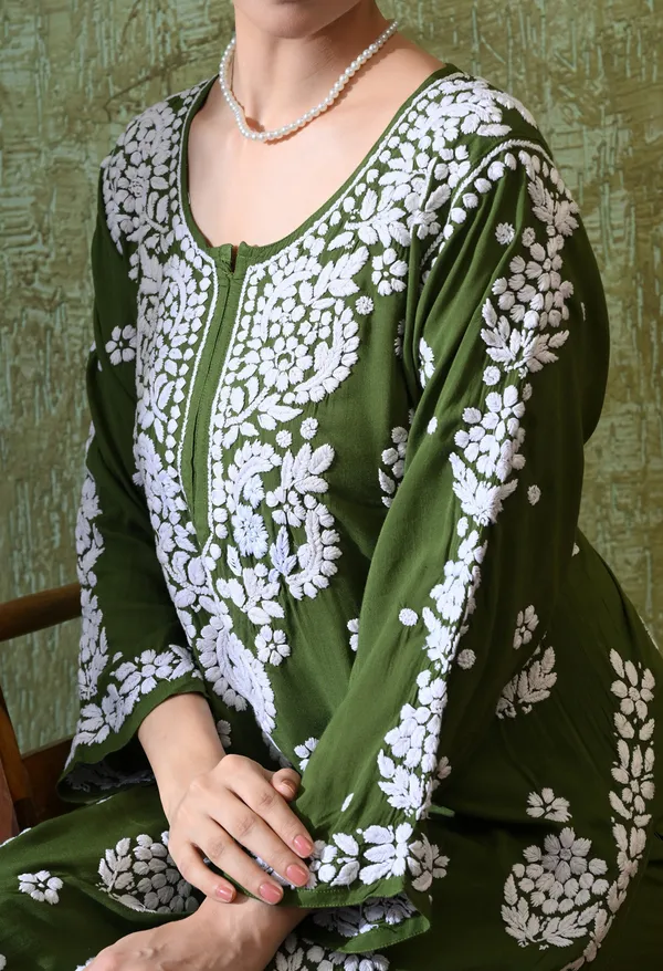 Hand_Embroidered_Chikankari_Modal_Plazo_Set_3d_Work-Mendi_Green
