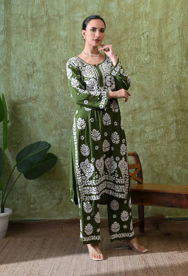 Hand_Embroidered_Chikankari_Modal_Plazo_Set_3d_Work-Mendi_Green