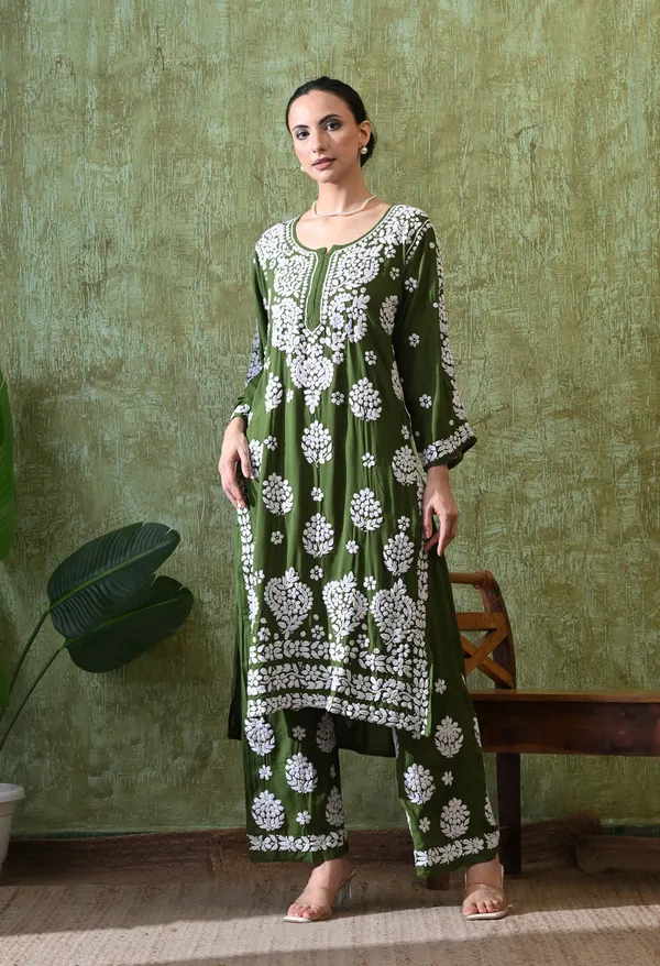 Hand_Embroidered_Chikankari_Modal_Plazo_Set_3d_Work-Mendi_Green