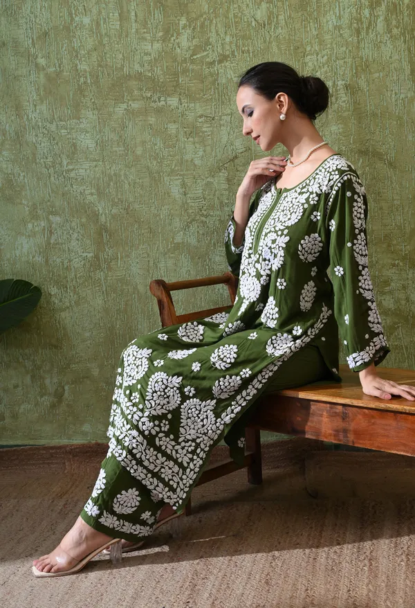 Hand_Embroidered_Chikankari_Modal_Plazo_Set_3d_Work-Mendi_Green
