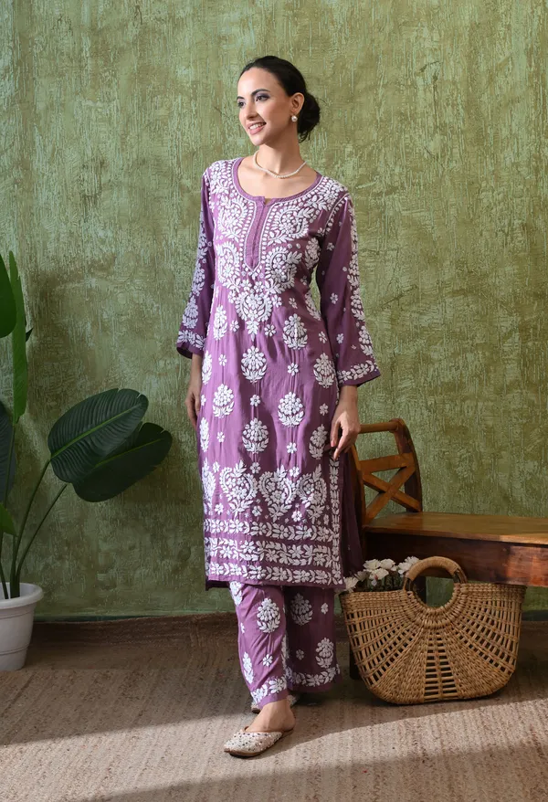 Hand_Embroidered_Chikankari_Modal_Plazo_Set_3d_Work-Light_Purple