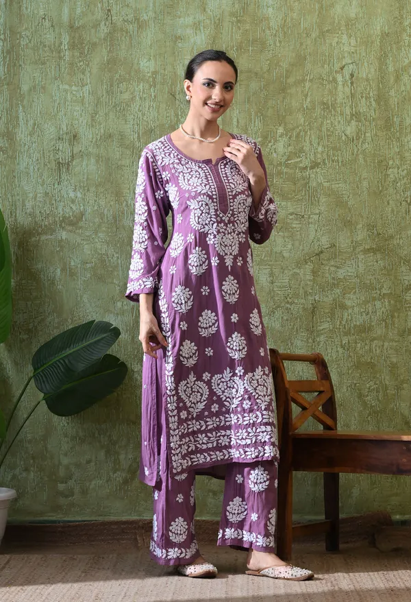 Hand_Embroidered_Chikankari_Modal_Plazo_Set_3d_Work-Light_Purple