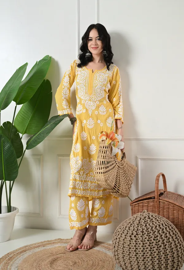 Hand_Embroidered_Chikankari_Modal_Plazo_Set_3d_Work-Yellow