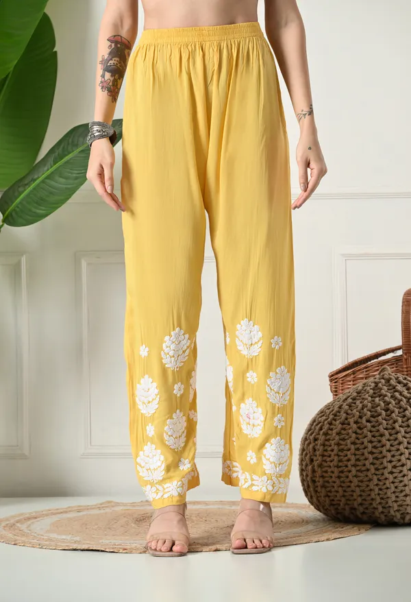 Hand_Embroidered_Chikankari_Modal_Plazo_Set_3d_Work-Yellow