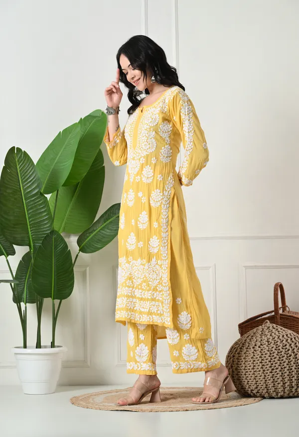 Hand_Embroidered_Chikankari_Modal_Plazo_Set_3d_Work-Yellow