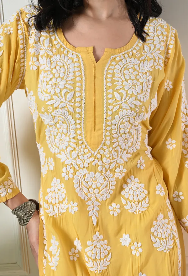 Hand_Embroidered_Chikankari_Modal_Plazo_Set_3d_Work-Yellow