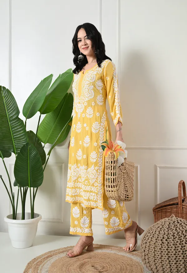 Hand_Embroidered_Chikankari_Modal_Plazo_Set_3d_Work-Yellow